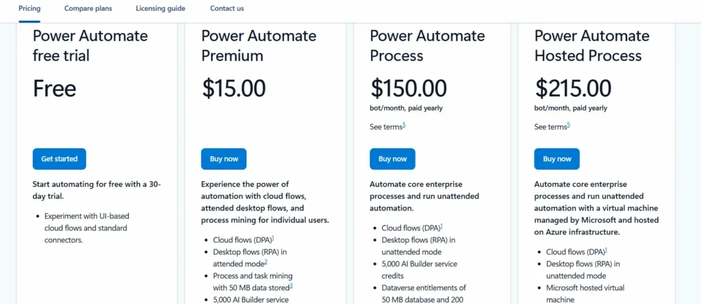 Microsoft Power Automate pricing page, outlining different plans