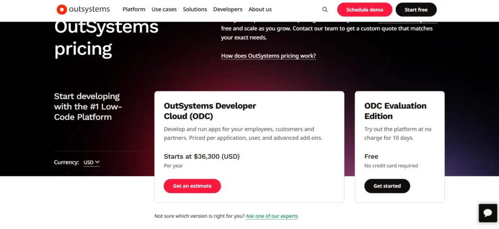 OutSystem’s pricing page 