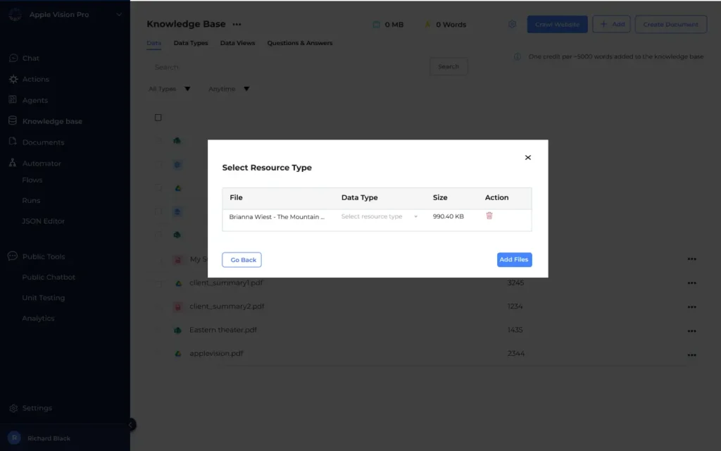 An image showing uploading documents to Odin Knowledge base