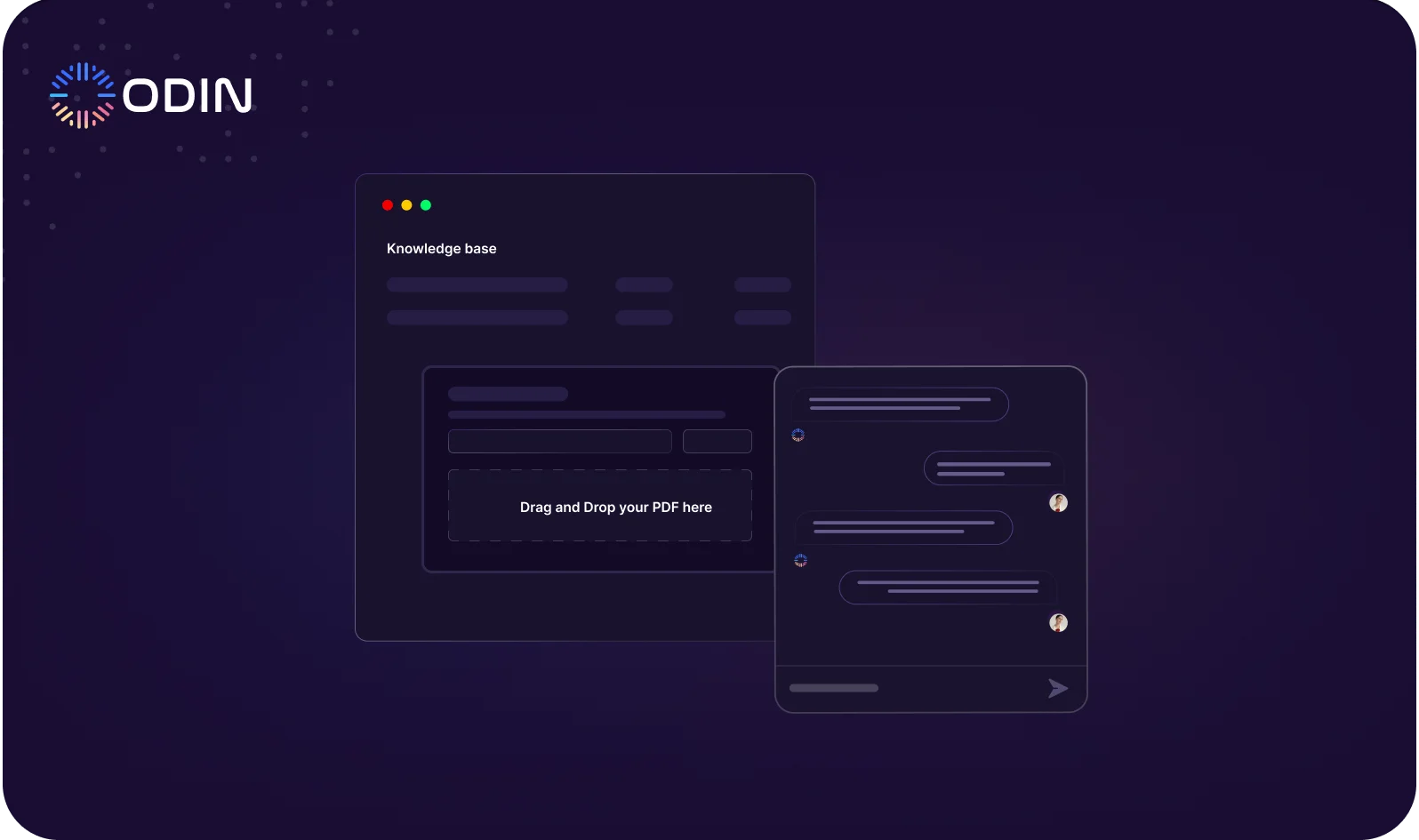Odin AI interface showcasing PDF upload and chat interaction for knowledge base and PDF analysis.