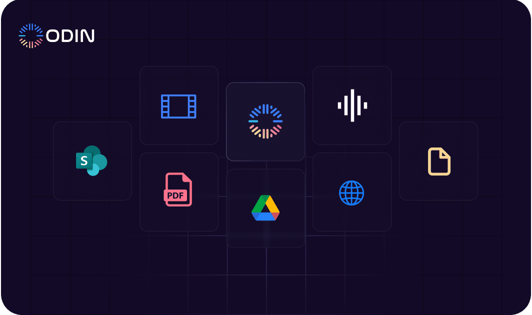 Odin AI knowledge base interface displaying various types of documents including video, audio, PDF, and web content, symbolizing efficient information management and retrieval using AI technology.