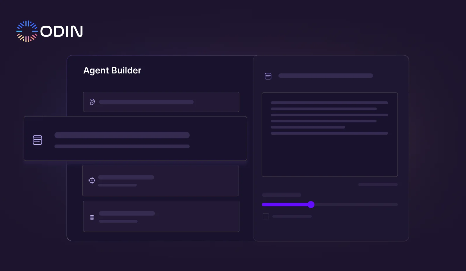 Odin AI Agent Builder interface showcasing customization options for creating AI agents with streamlined workflows.